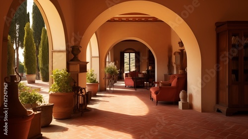 Tuscan villa with terracotta tile floors and arched doorways.