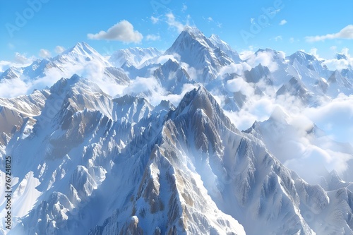 Majestic Mountains: Towering snow-capped peaks against a clear blue sky, capturing the awe-inspiring beauty of nature.
