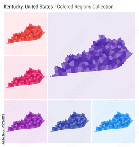 Kentucky, United States. Map collection. State shape. Colored counties. Deep Purple, Red, Pink, Purple, Indigo, Blue color palettes. Border of Kentucky with counties. Vector illustration. photo