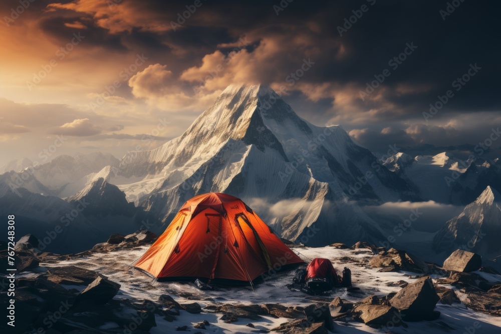 Tranquil mountain camping experience at the base of breathtaking snow-covered peaks