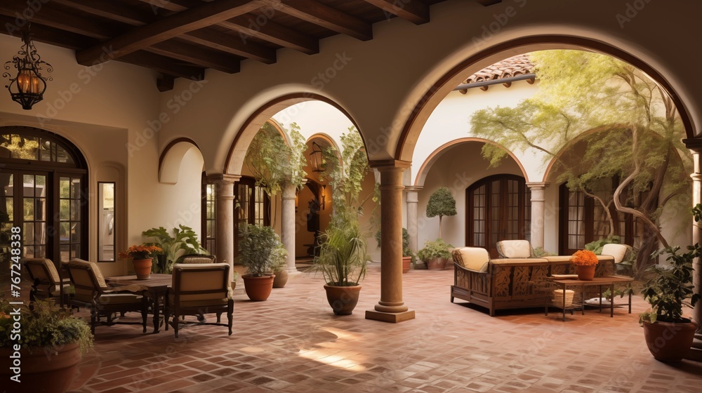Tuscan-inspired indoor courtyard with domed brick ceiling stone floors arched openings and integrated citrus grove.