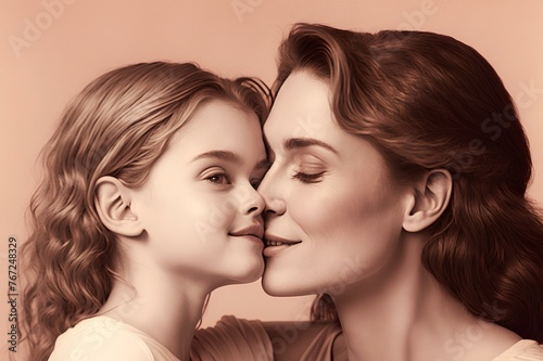 A tender moment captured in high definition  featuring a daughter kissing her happy mother on the cheek against a soft pink background  with ample copy space.