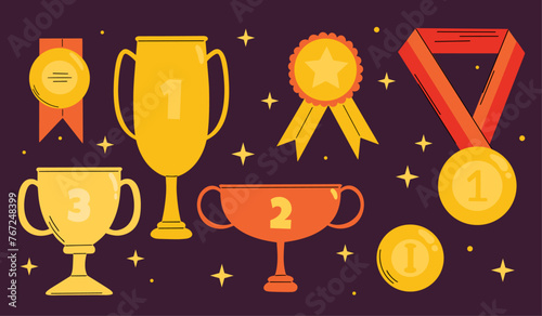 Winning cup, medal, gold prize, ribbon, award, champion trophy cup, first place vector hand drawn flat illustration in cartoon groovy funky style Victory competition game design concept elements