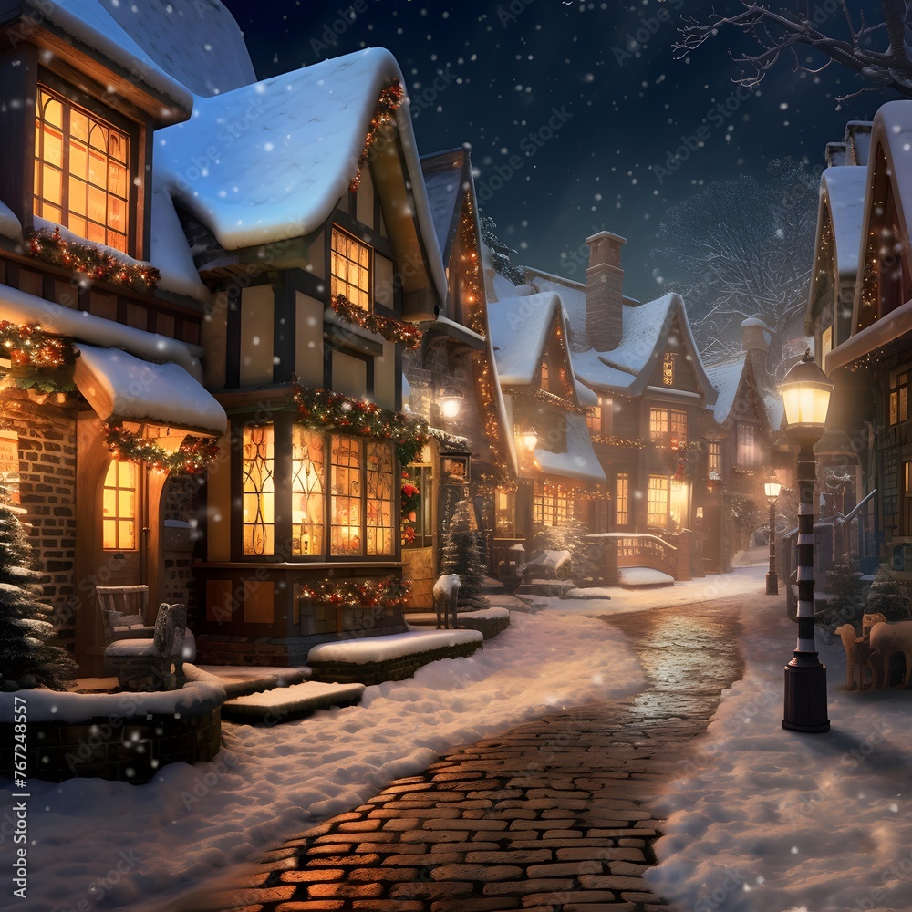 Winter night in a small village with snow covered houses and lanterns