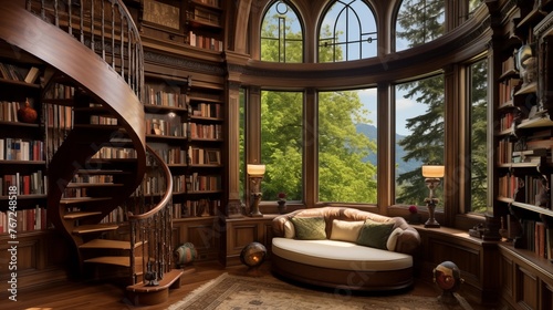 Two-story home library in circular Renaissance-style turret with curved staircases hidden rooms window seats custom millwork and arched windows. photo