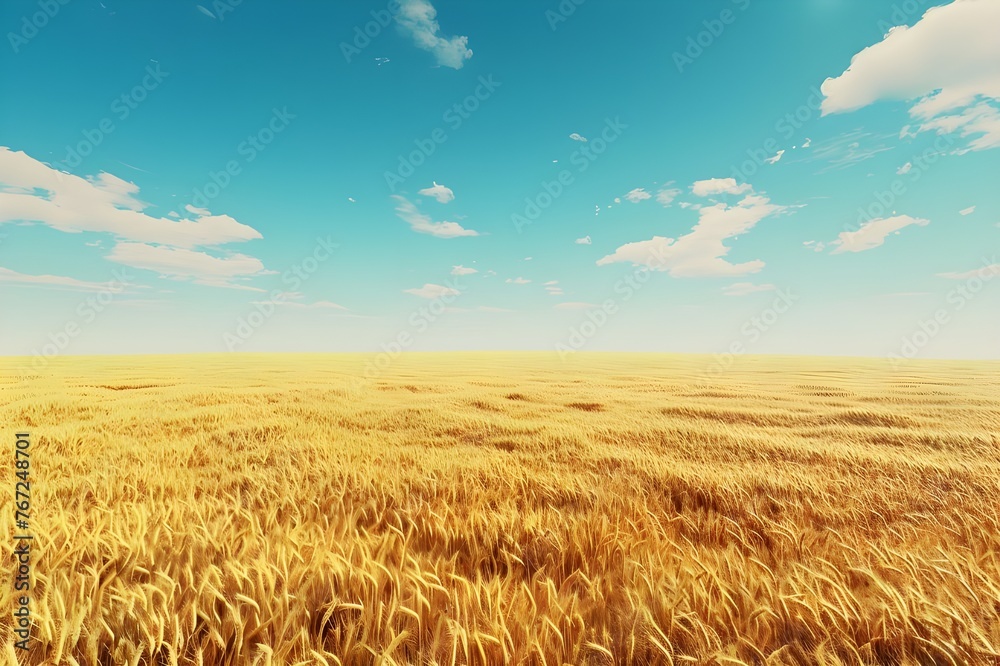 Golden Fields: A vast landscape of golden wheat fields under a clear sky, evoking a sense of tranquility.

