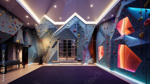 Two-story home rock climbing wall with safety mats geometric architectural detailing and accent lighting.