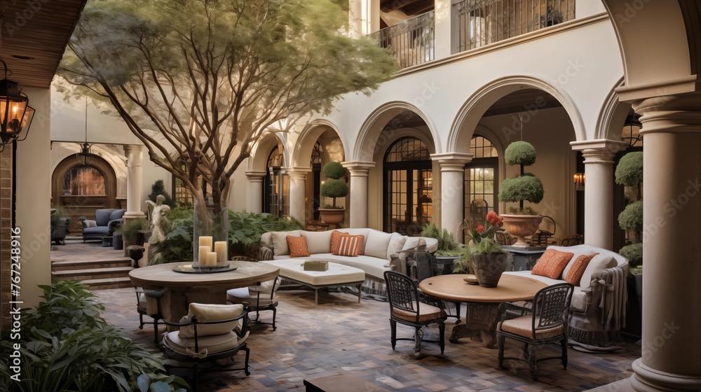 Two-story Mediterranean loggia courtyard with domed brick ceilings stone columns antique fountains and lush outdoor living spaces.
