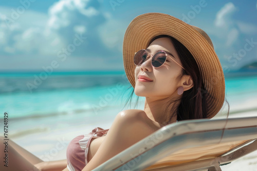 Smiling Asian girl sunbathing on a seashore in a chaise lounge © Svetlana Lerie
