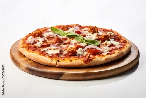 Tasty pizza on a wooden board against a white background