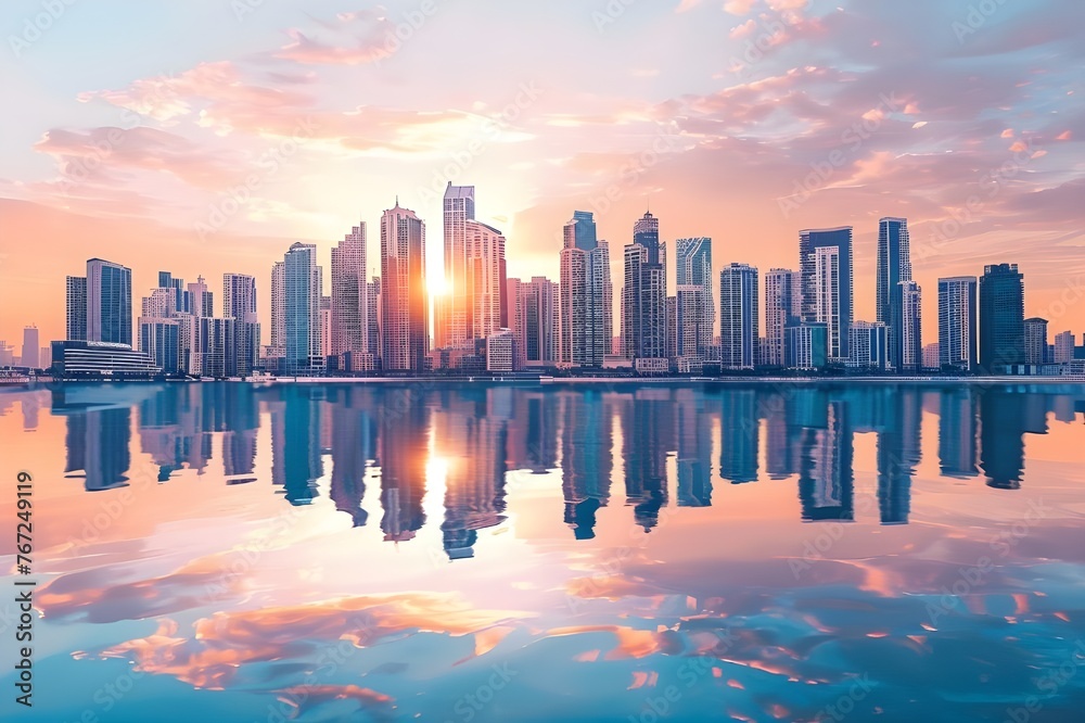 Reflection Perfection: Symmetrical reflection of a city skyline in calm waters during the golden hour.

