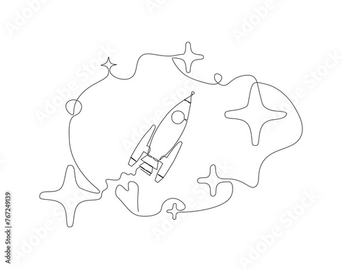Continuous one line drawing of rocket. One line of spacecraft flying. Universe concept continuous line art. Editable outline.