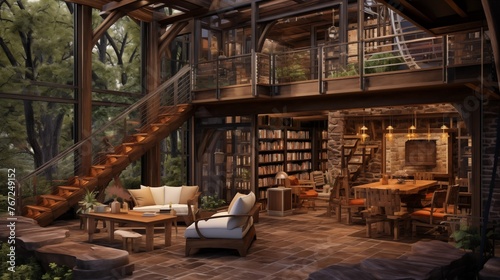 Two-story rustic barnwood home office pavilion with rolling ladder library glass bridge walkways integrated indoor trees and fireplace lounge.
