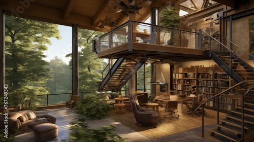 Two-story rustic barnwood home office pavilion with rolling ladder library glass bridge walkways integrated indoor trees and fireplace lounge.
