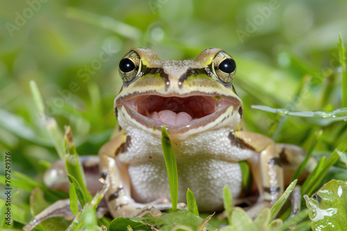 A gliding frog (Rhacophorus reinwardtii) appears to be laughing on grass © Venka
