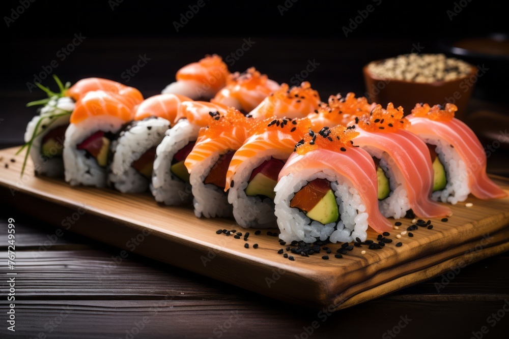 Tasty sushi on a wooden board against a white background Tasty sushi on a wooden board against a white background