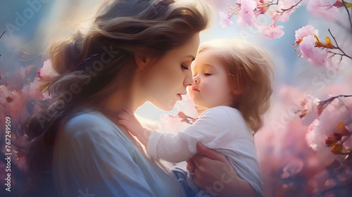 Delicate scene of a mother and child enjoying a peaceful moment, with a soft focus on a background filled with colorful blossoms.