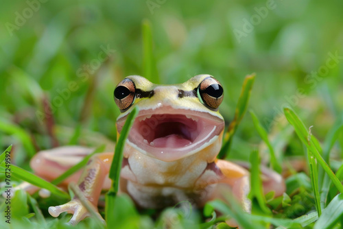 A gliding frog (Rhacophorus reinwardtii) appears to be laughing on grass © Veniamin Kraskov