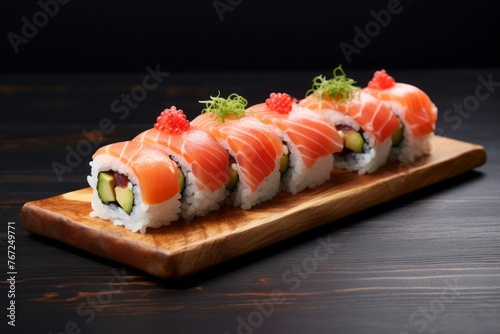 Tasty sushi on a wooden board against a white background