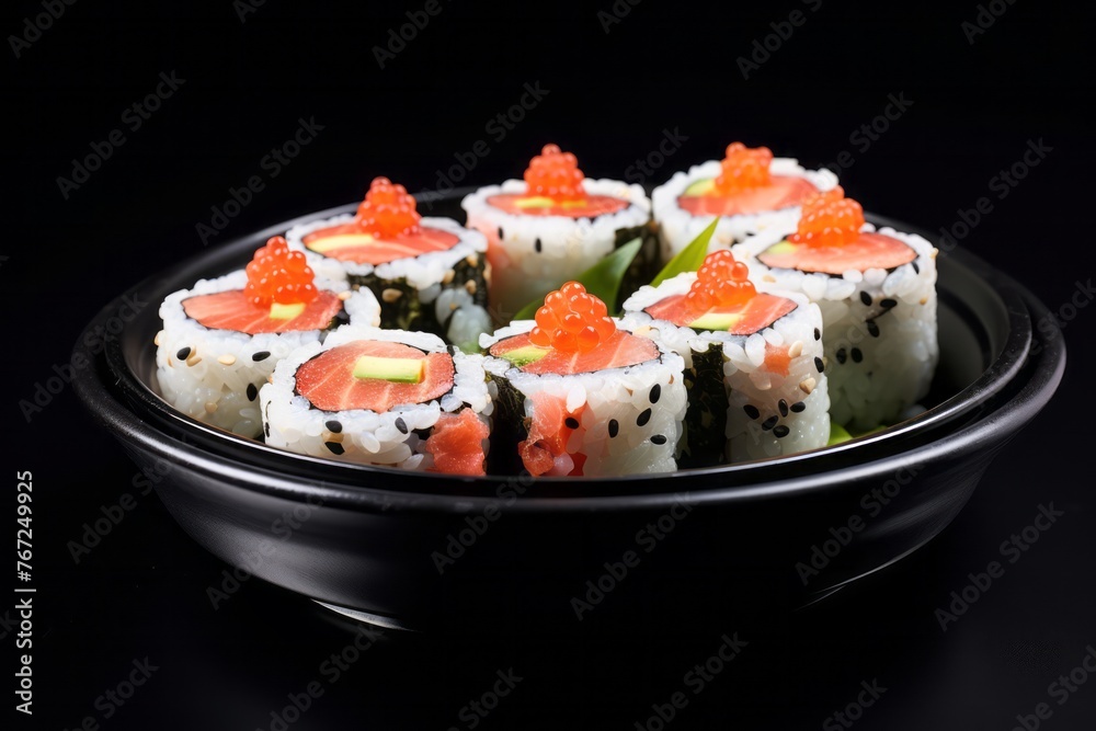 Juicy sushi in a clay dish against a white background