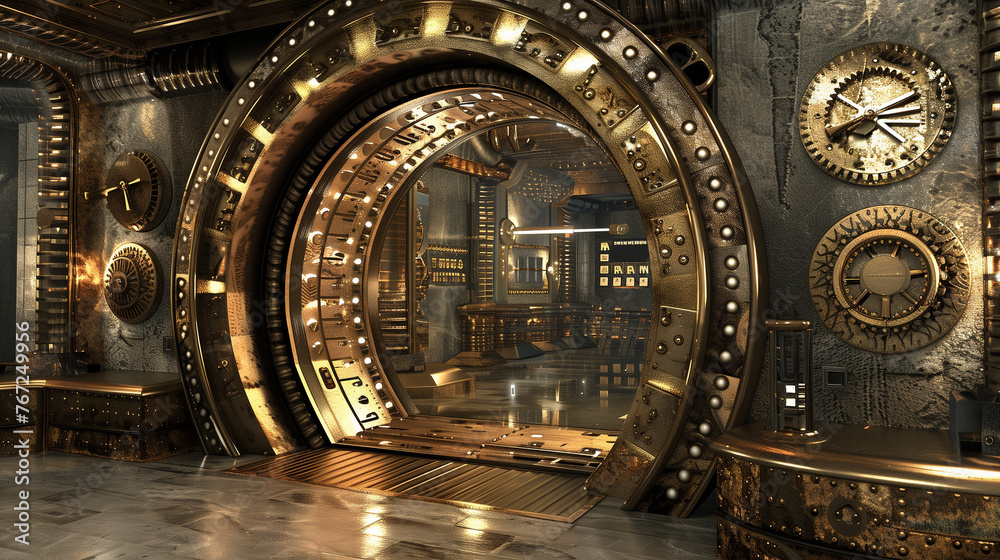 Fototapeta premium Steampunk-Inspired Vault Door with Intricate Gears and Pipes