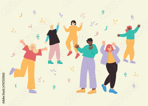 Happy free diverse party people dancing and jumping in air. Concept of freedom, happiness and aspirations. Colored flat vector illustration isolated on simple background