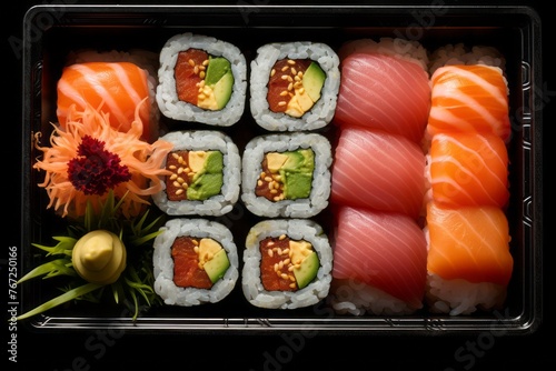Exquisite sushi in a bento box against a white background