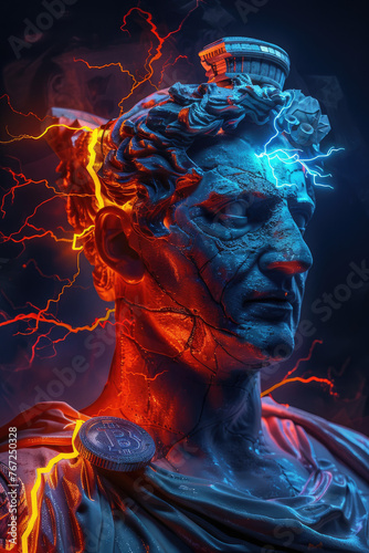 The Roman emperor, with orange and blue neon bitcoin lightning on his head, in an illustration , with ultra realistic photography