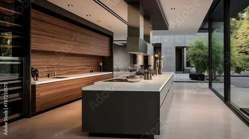 Ultra-modern minimalist kitchen with integrated appliances sleek lacquered cabinetry warm wood accents and waterfall island countertop. photo