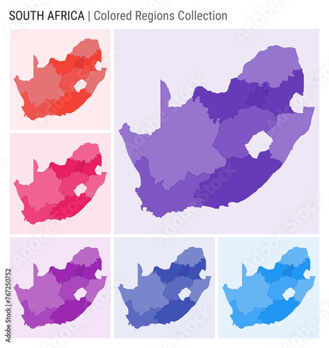 South Africa map collection. Country shape with colored regions. Deep Purple, Red, Pink, Purple, Indigo, Blue color palettes. Border of South Africa with provinces for your infographic.