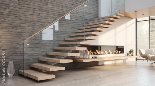 Ultra-modern showpiece staircase with thin stringer treads frameless glass railings and clean lines. © Aeman