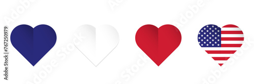United States of America flag in heart shape. Set of hearts with american flag colors. Vector illustration isolated on white background.