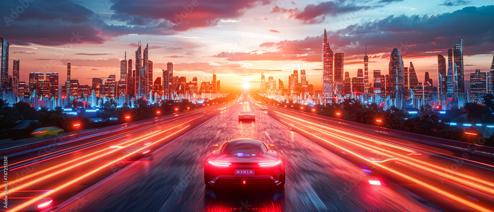 Obraz premium Autonomous car fleet, cyberprotected, clean energy powered, smooth city integration, dynamic, sunset