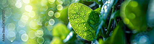 Sure, here is a description for an image combining the elements you requested:  Dewy morning close-up on green leaves