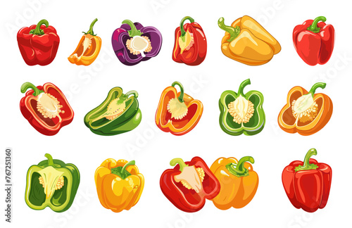 Colorful cartoon peppers. Sliced half pepper bell isolated set. Red, yellow and green fresh vegetables, vitamin organic food vector elements
