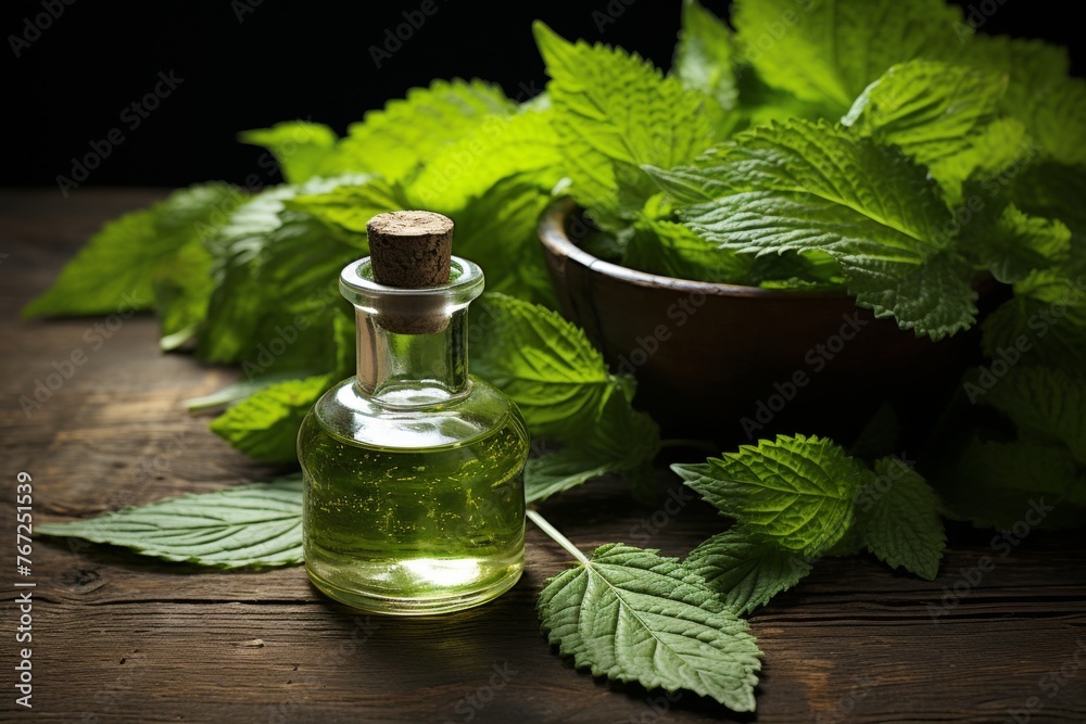 Nettle leaves and essential oil in bottle on rustic wooden background for natural remedies Nettle leaves and essential oil in bottle on rustic wooden background for natural remedies