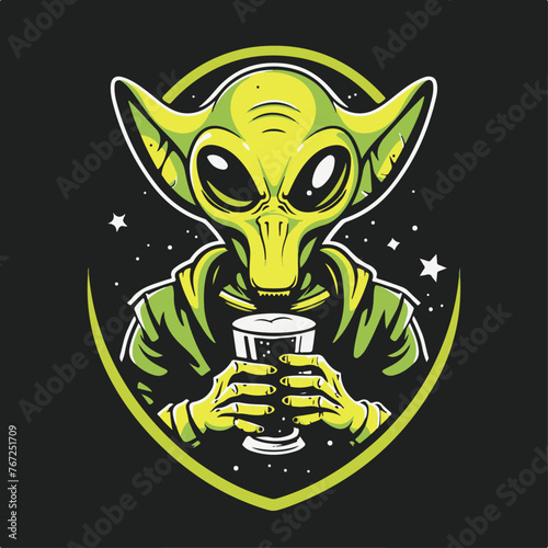 A quirky alien with a love for beer, framed against the stars - an ideal image for humorous event posters or sci-fi themes