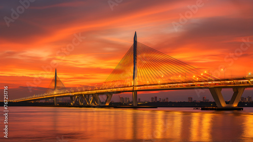 Spectacular Sunset View of Bhumibol Bridge, the Industrial Ring Road Bridge in Thailand