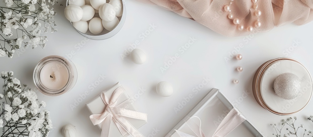 Feminine items with a cute appearance displayed on a white surface from above. Feminine items with a cute appearance displayed on a white surface from above.