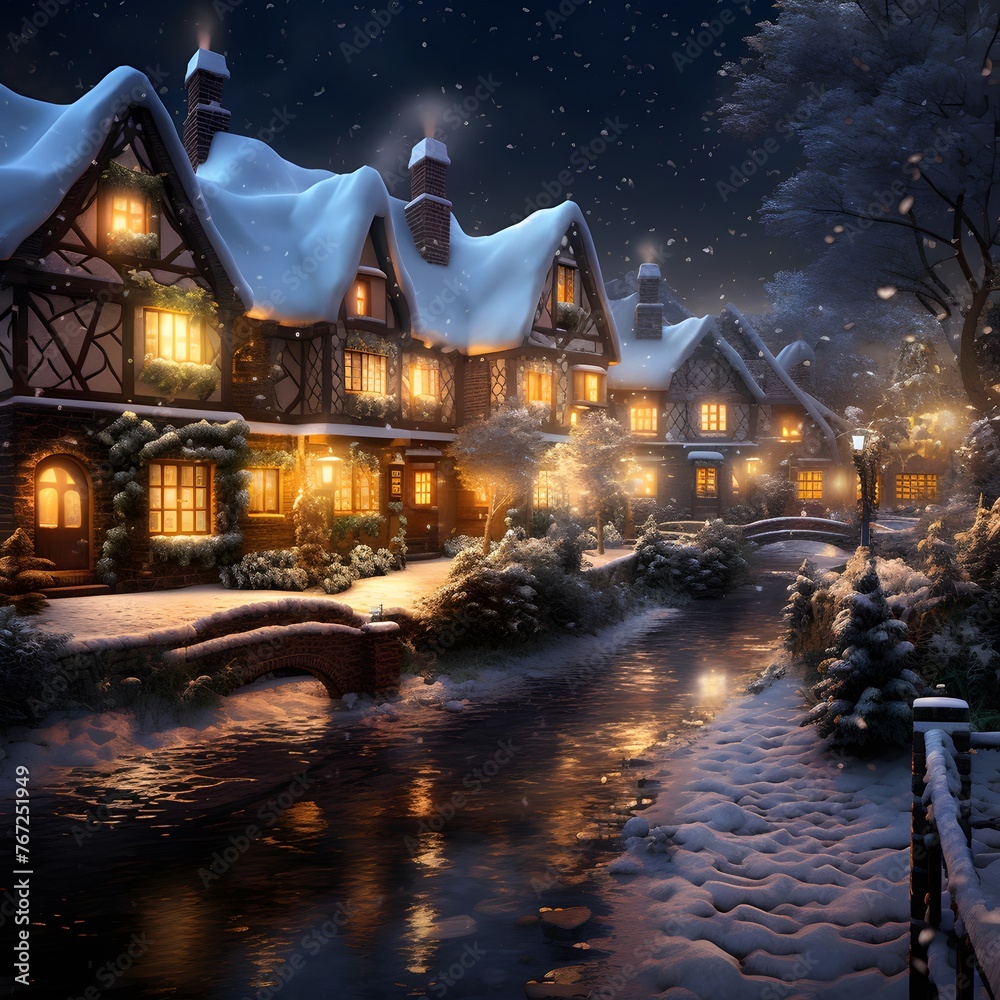 Snowy winter night in a small village. Christmas and New Year concept.