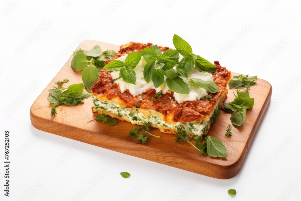 Exquisite lasagna on a wooden board against a white background