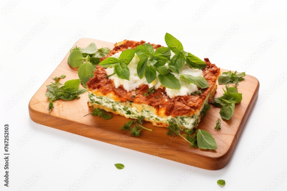 Exquisite lasagna on a wooden board against a white background Exquisite lasagna on a wooden board against a white background