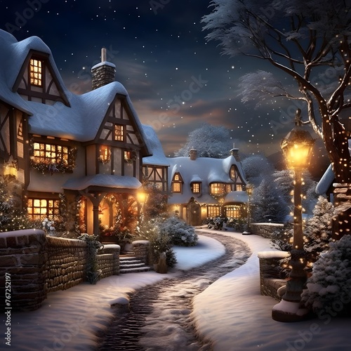 Winter night in the village. 3d illustration. Christmas background.