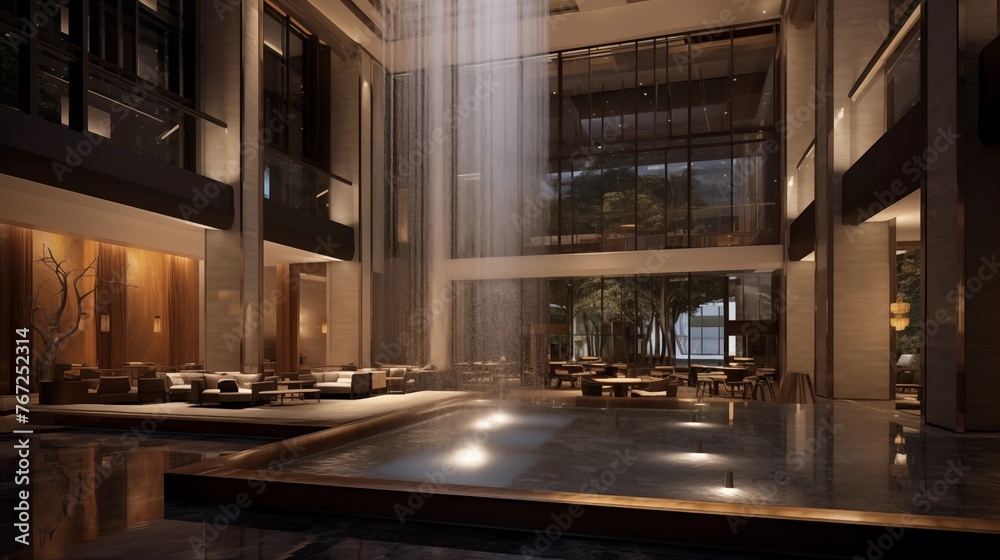 Upscale hotel lobby with double-height ceilings and water features. Upscale hotel lobby with double-height ceilings and water features.
