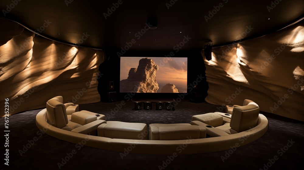 Underground luxury bunker home theater with plush undulating walls custom lighting accents and high-tech security access.