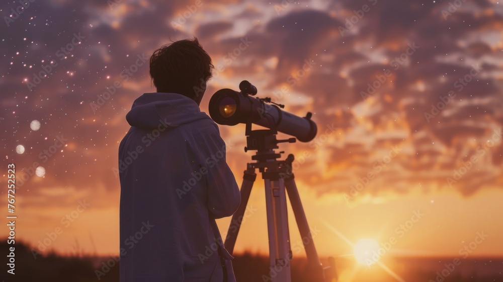 A man with a telescope against the background of a starry sky. The concept of knowing the planet through astronomy, astrology and meteorology.