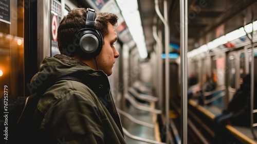 a man with headphones in a subway photo