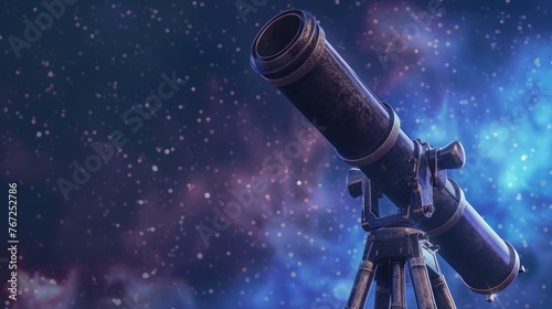 Telescope against the background of the night starry sky, space for text. Concept for banner on astrology, astronomy, meteorology.