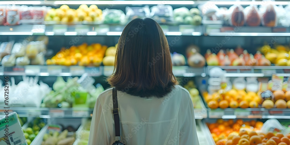 Woman shopping for groceries in a supermarket aisle focusing on fruits and vegetables. Concept Fresh Produce Shopping, Healthy Eating, Supermarket Experience, Food Choices, Grocery Store Aisles