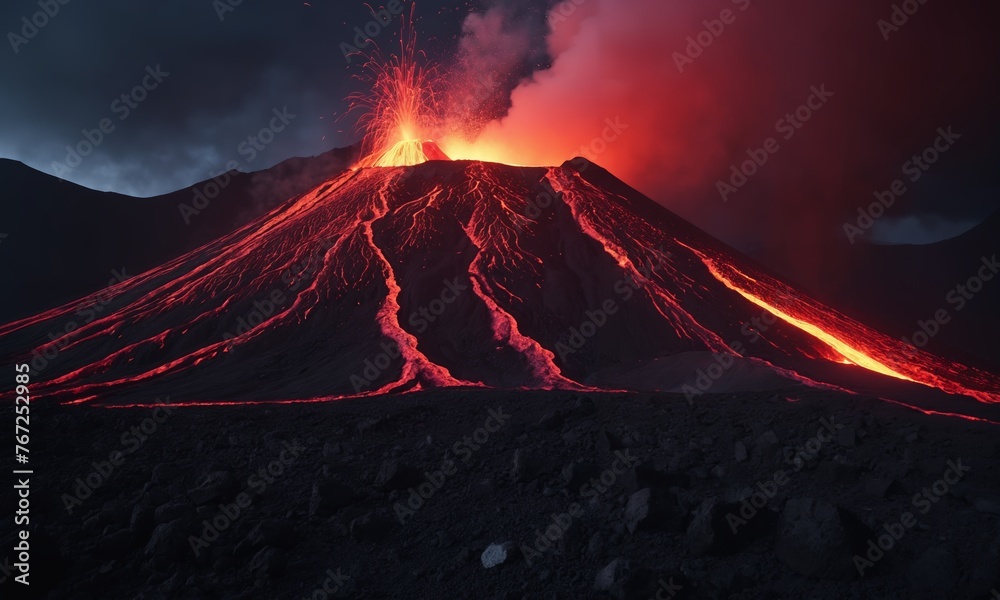 Volcanic eruption at dawn. Flowing magma